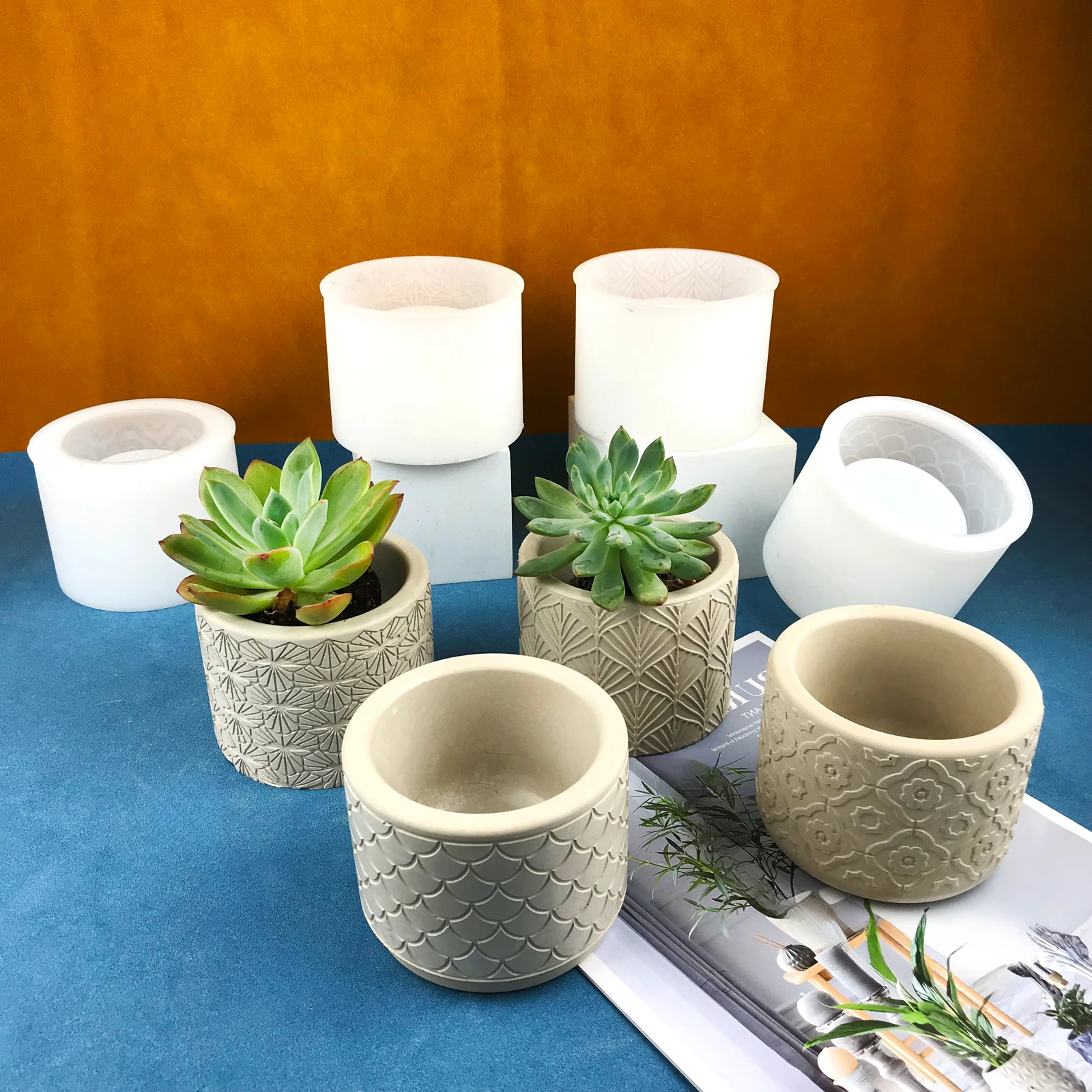 OEM Round fish scale leaf clover flower pot with stripes silicone mold cement plaster Silicone Resin Mold flowerpot molds