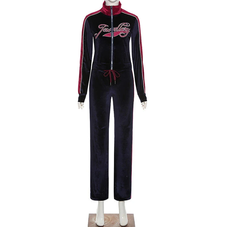 Hot Sale Embroidery Velour Tracksuit Two Piece Set Women Clothing Long Sleeves Zipper Sport Set