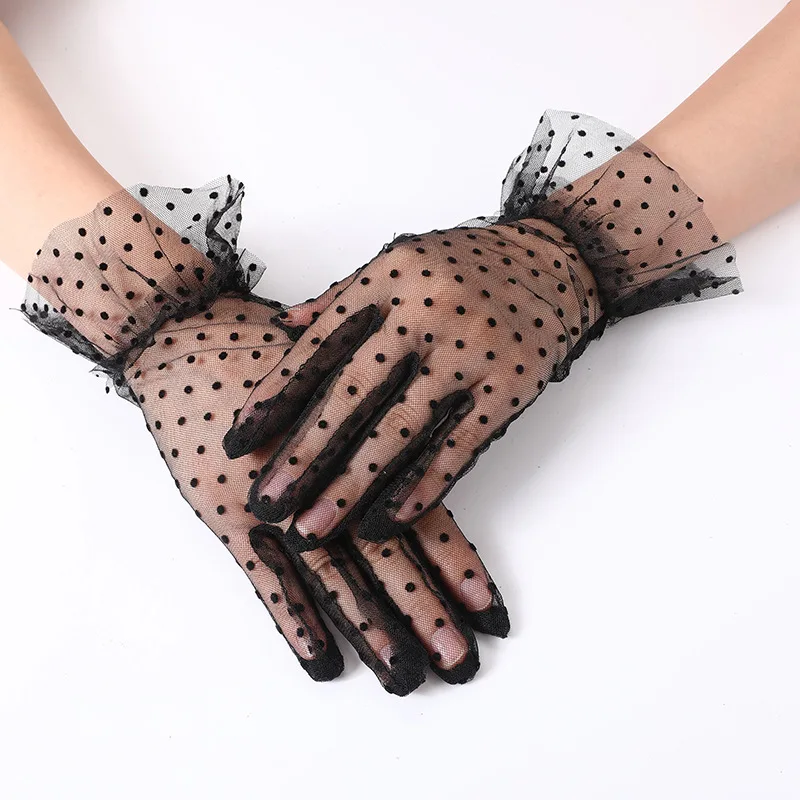 Summer Breathable Gloves For Women Black Small Spots Sexy Lace Short And Thin Mesh Gloves For The Bride