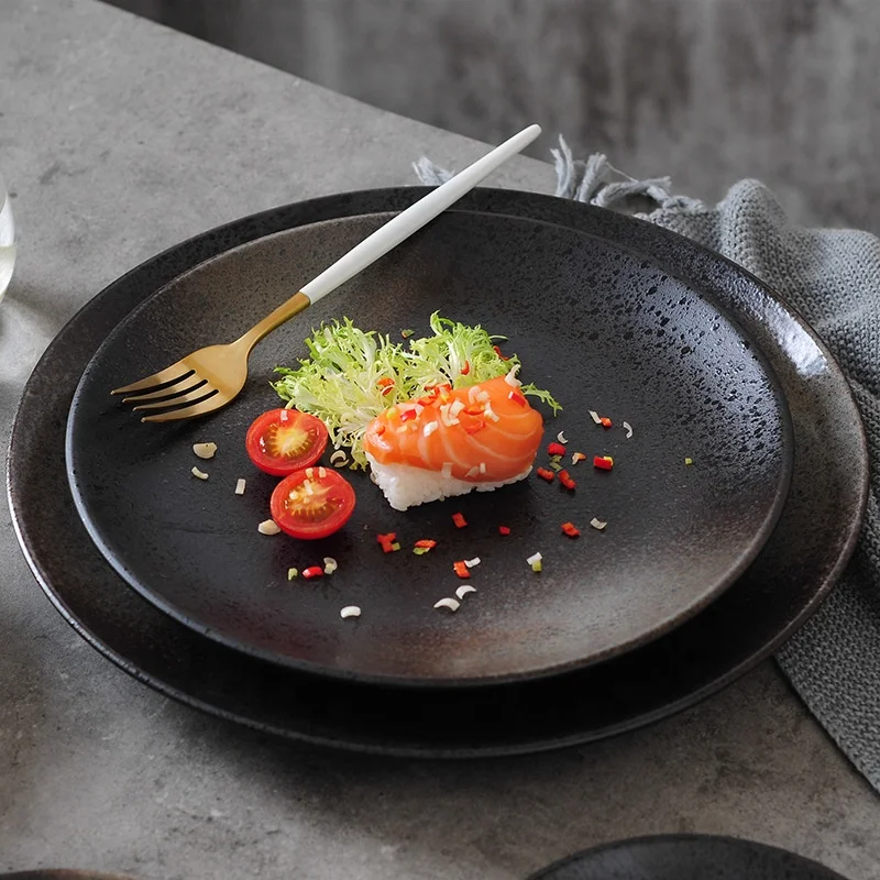 Ceramic Black Dinner Steak Plate Japanese Restaurant Fried Rice Plate Household Dinnerware Plates Set