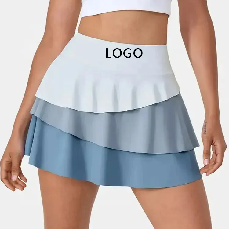 Custom Logo Women Blue White Pickleball Golf Tennis Outfit Color Blocking Design Nylon Spandex Tennis Skirt With Pocket