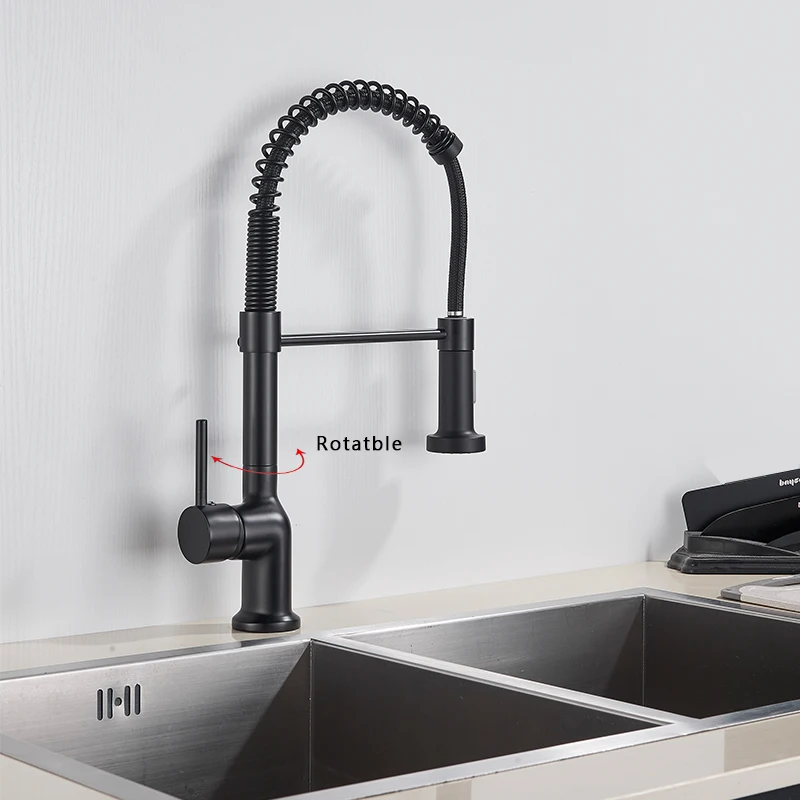 spring pull out sprayer black kitchen faucet