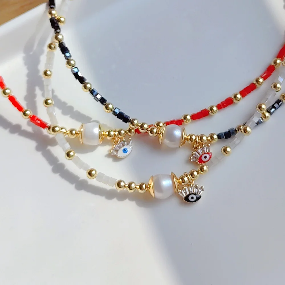 KKBEAD Handmade Beaded Necklaces Natural Pearl Evil Eye Pendant Necklace Crystal Necklace for Women