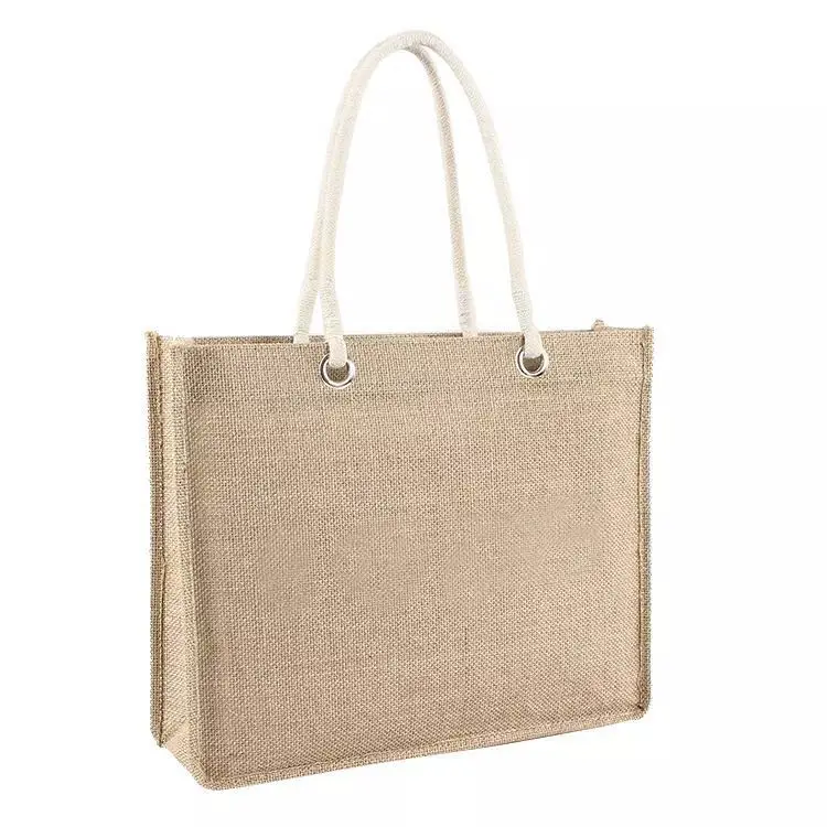 shoulder strap plain jute beach bags logo print jute shopping bag promotional hessian burlap tote jute bag