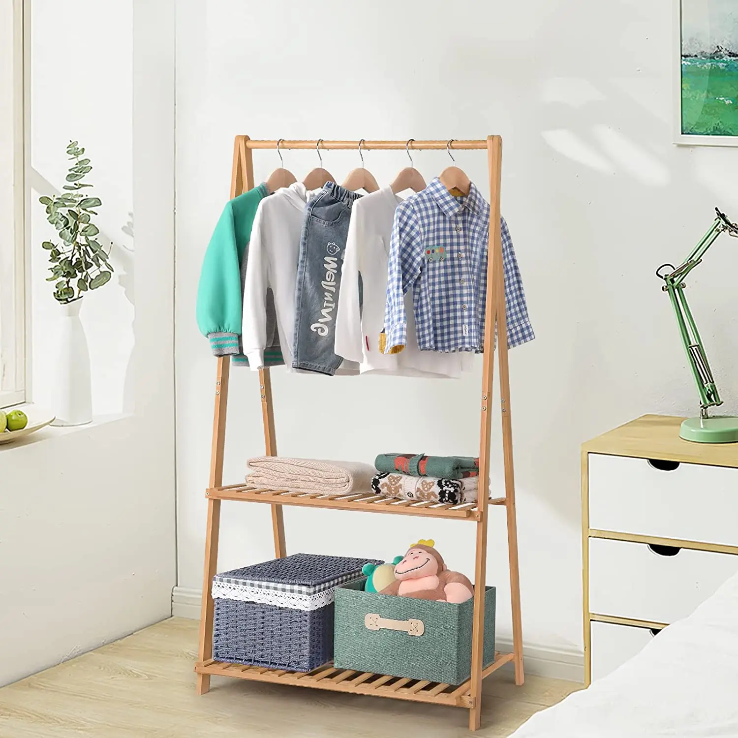 Bamboo Foldable Clothes Rack with Shelves Heavy Duty Clothing Garment Hanger for Bedroom,Livingroom,Dorm