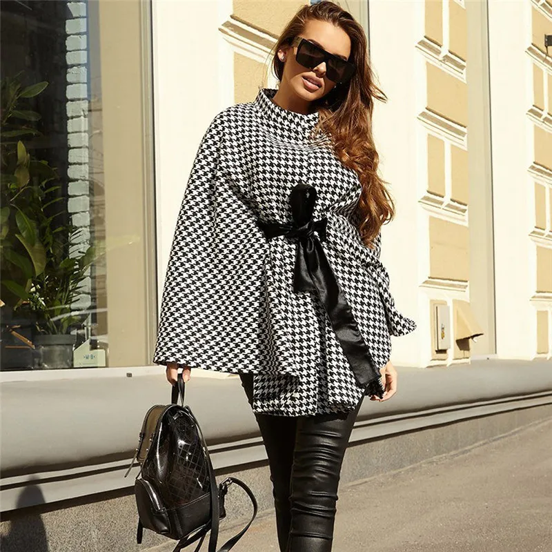Spring 2021 new lady euramerican coat thousand bird plaid wool overcoat loose tie cape  coat