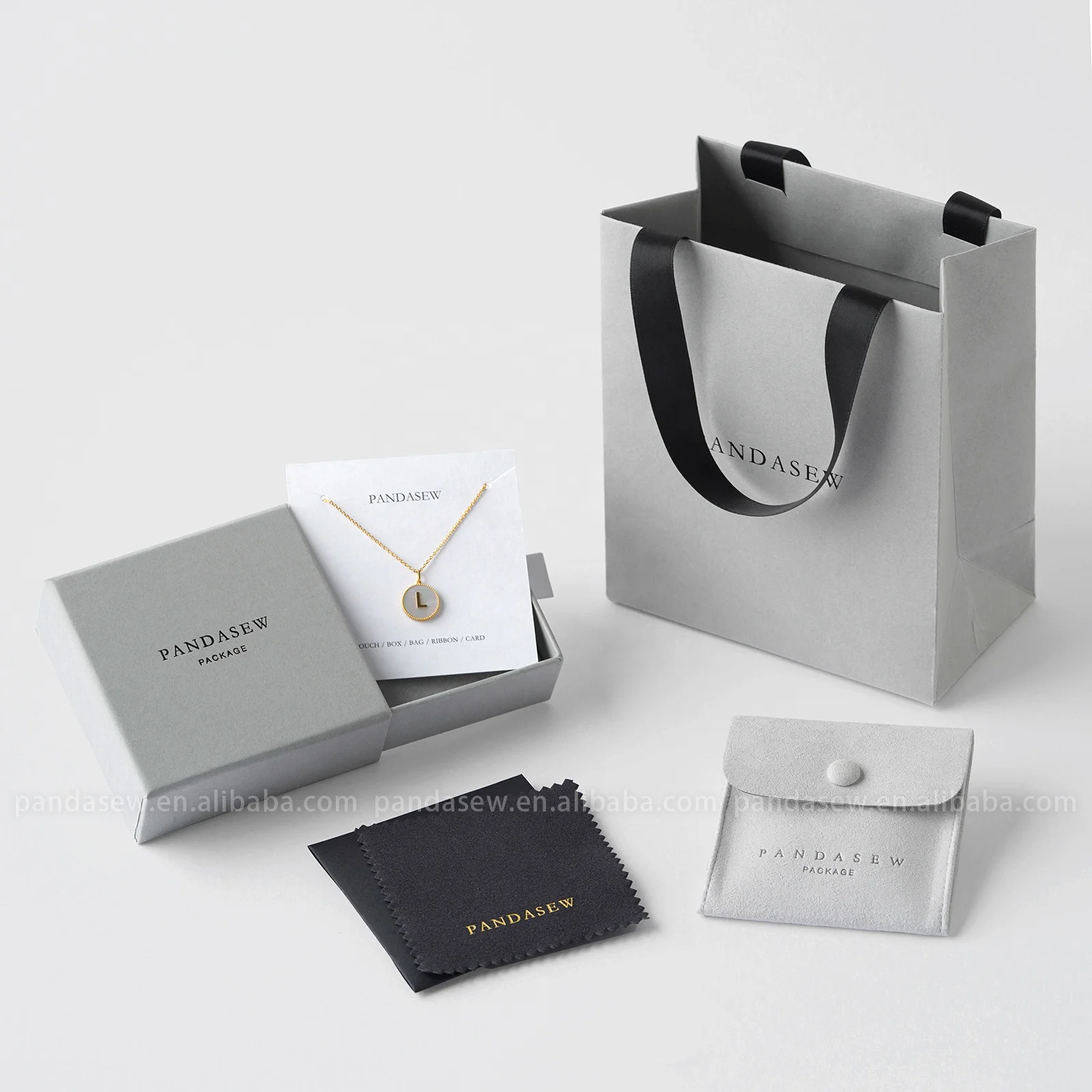 PandaSew Custom Logo Printed Packaging Kits Kraft Paper Bag Jewelry Box Microfiber Jewelry Pouch Silver Polishing Cloth