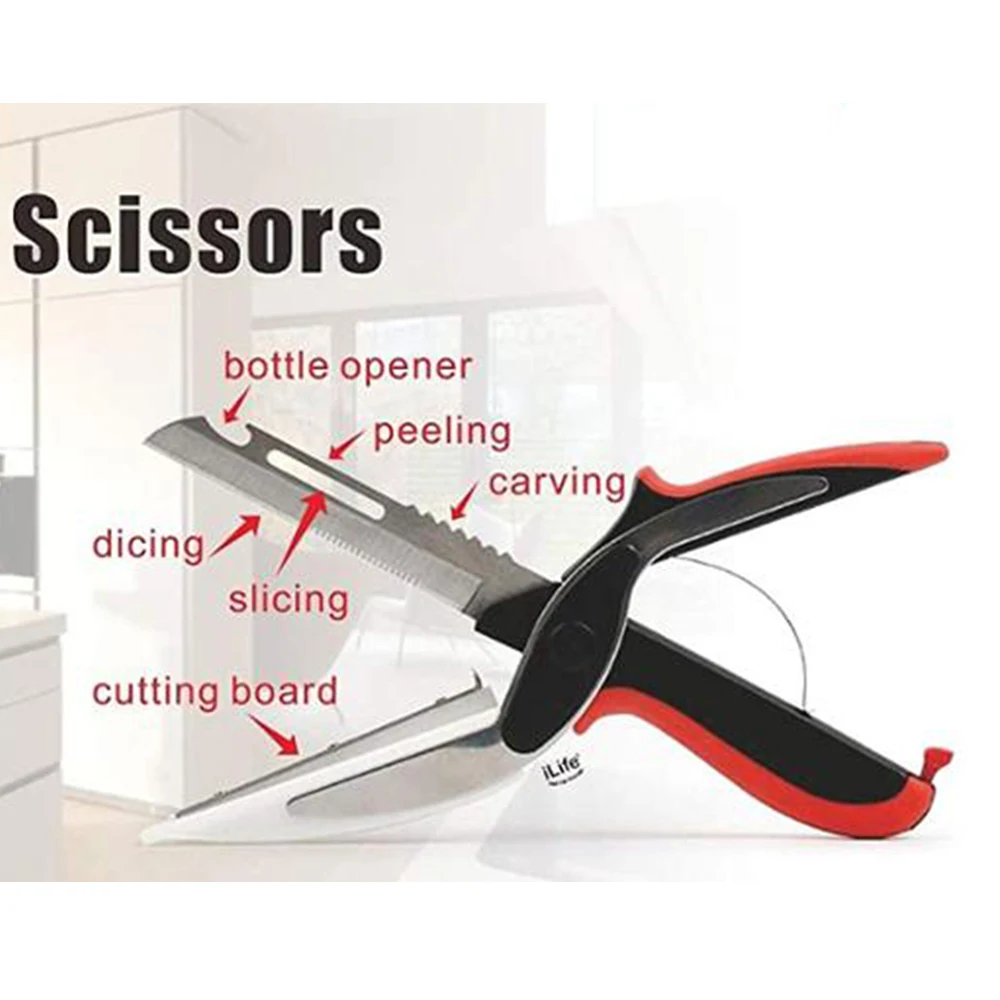 Multifunction Kitchen Scissor 6 in 1 Cutting Board Utility Cutter Stainless Steel Vegetable Meat Scissor Kitchen Cooking Knife