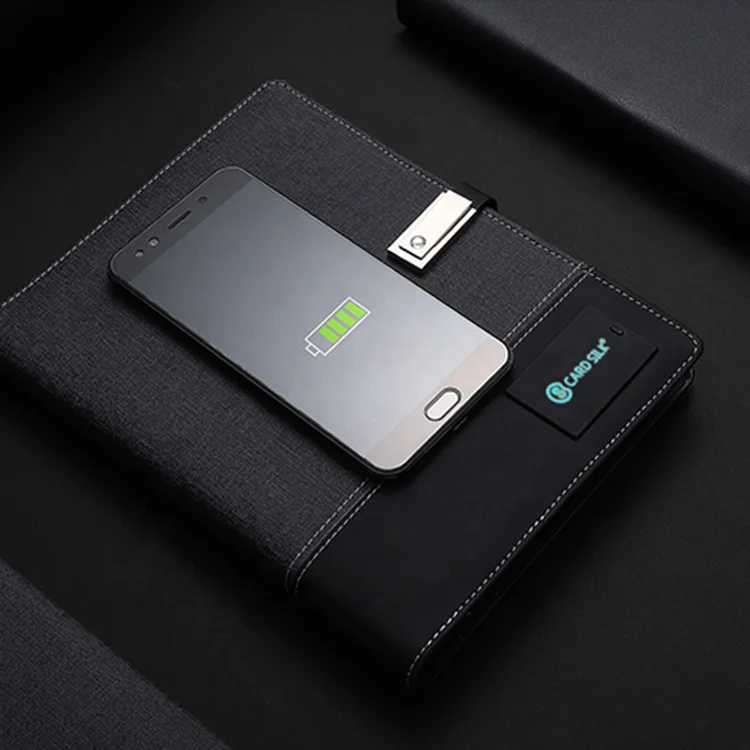 A5 custom brand PU leather notebook with power bank wireless charging USB driver.