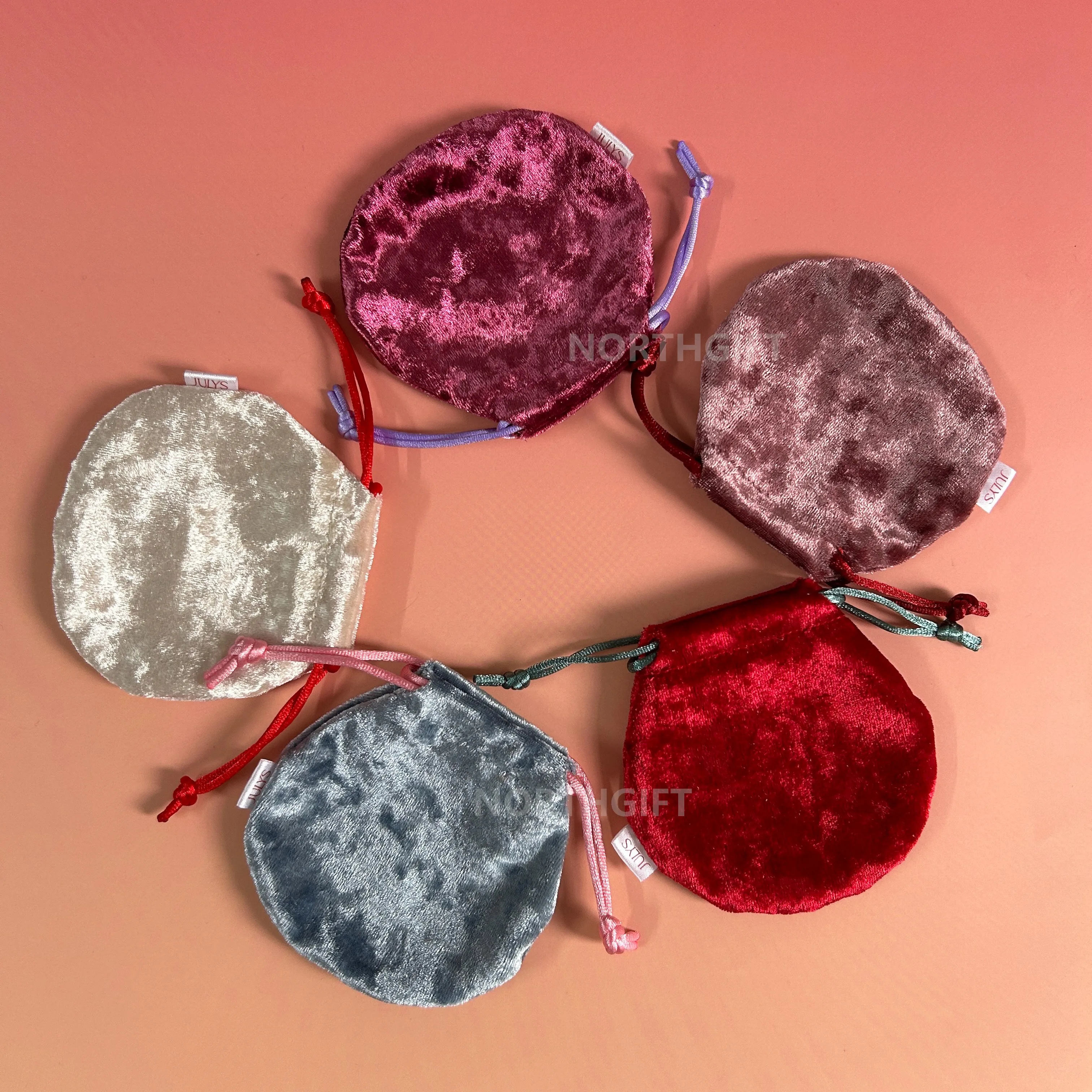 Cheap cherry round shape soft diamond velvet drawstring bag for earring rings jewelry gift packaging pouch with logo label