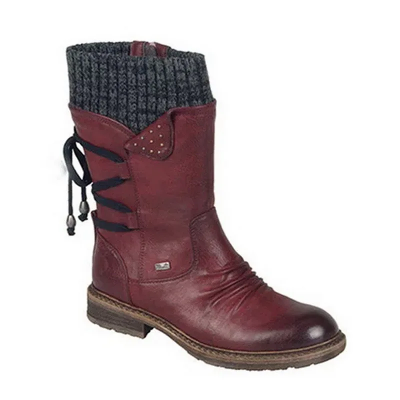 Cheap wholesale shoes 2020 Women Boots winter High Quality girls Flat Heel Boot Fashion Mid-Calf Knitting Patchwork shoes