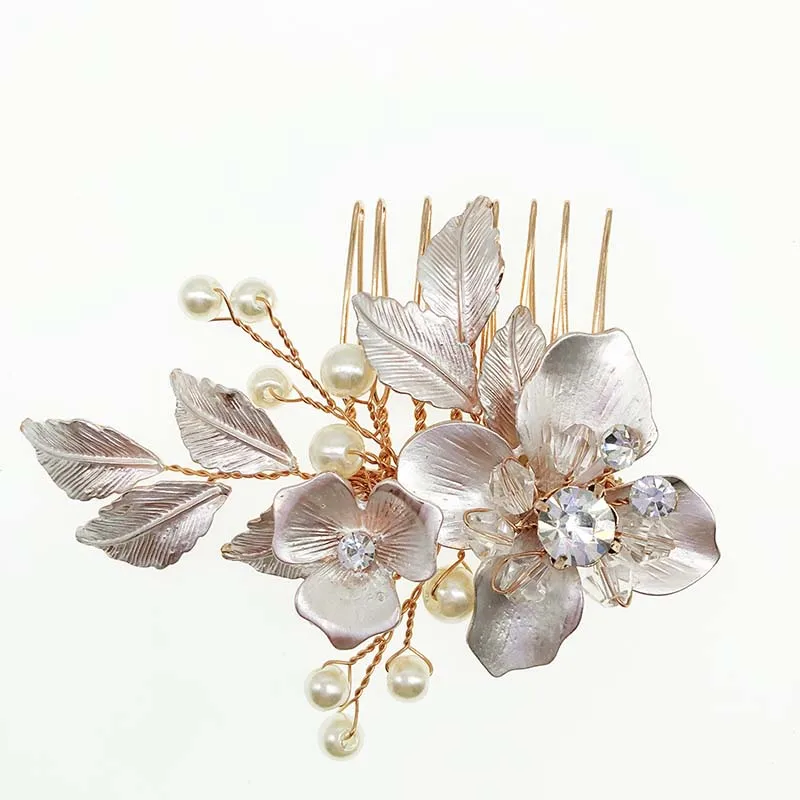 SHSS2074  handmade pearl bridal hair comb leaf branch gold wedding hair clip bride accessories
