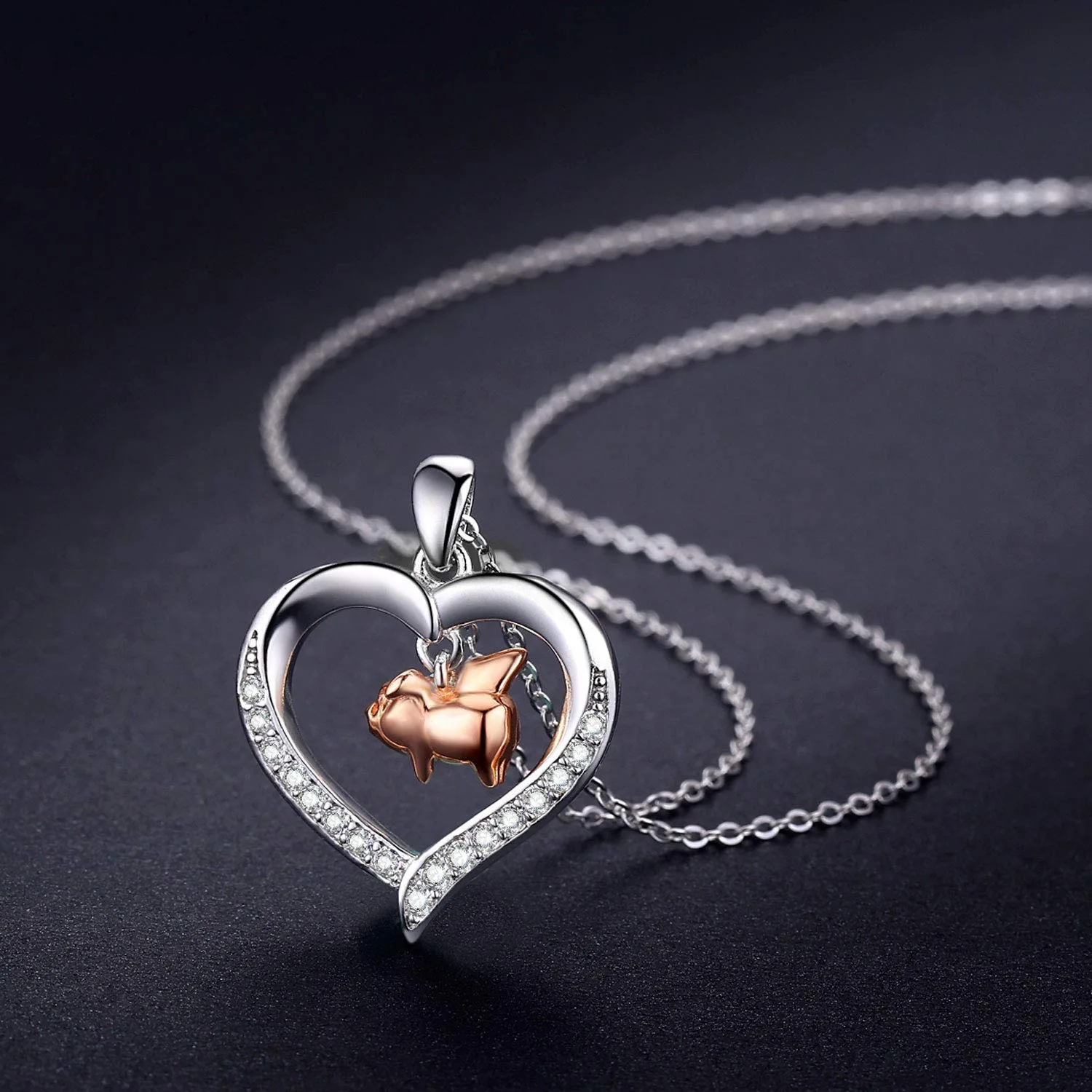 925 Sterling Silver Cute Animal Heart Pendant Necklace Rose Gold Pig with Zircon Women Girls Birthday Gift Jewelry
