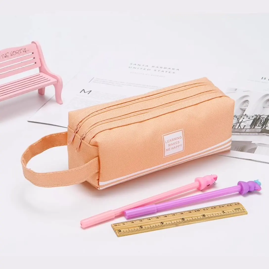 Solid Color Striped Double-layer Stationery Pencil Case Student Large-capacity Portable Custom Pencil Case