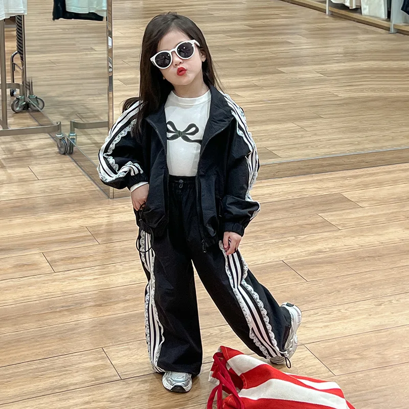 2024 New Fashion Toddler Children Girl Fall Clothing Set  Black Jacket + Joggers White Side Striped Sweatsuit Set 2-8 Years
