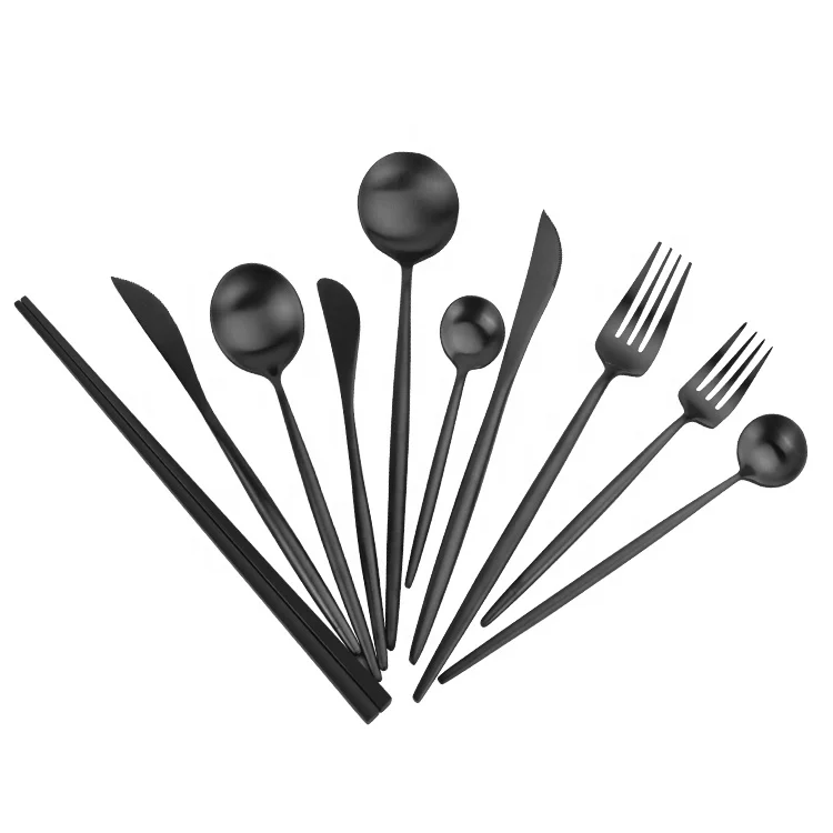 
Hot Selling Back Titanium Plated Cutlery Stainless Steel Flatware Set Table Spoon Fork Knife Silverware for Hotel Wedding 