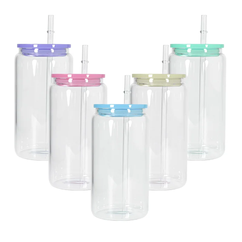 wholesale 16 oz Gradient color frosted sublimation sub pink water beer glass can shaped glass with new lids and straw
