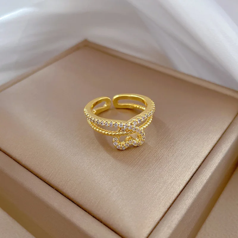 Brass 18 K Gold Plated Heart Love Diamond Two Cycles Rings for Women Hollow Metal Texture Multilayer Ring Trendy Jewelry