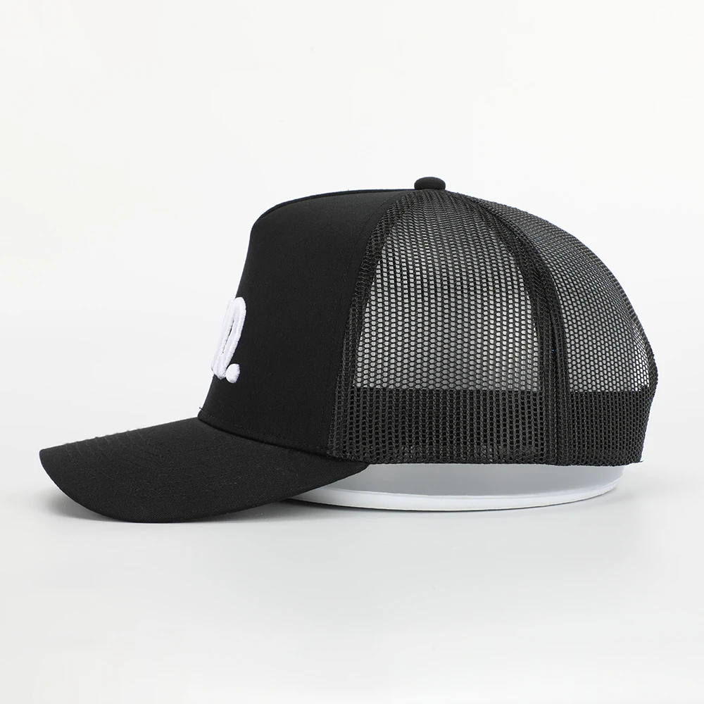 Oem Custom High Quality 5 Panel Cotton 3D Embroidery Logo Curved Brim Plain All Black Mesh Snap Back Trucker Cap Hat