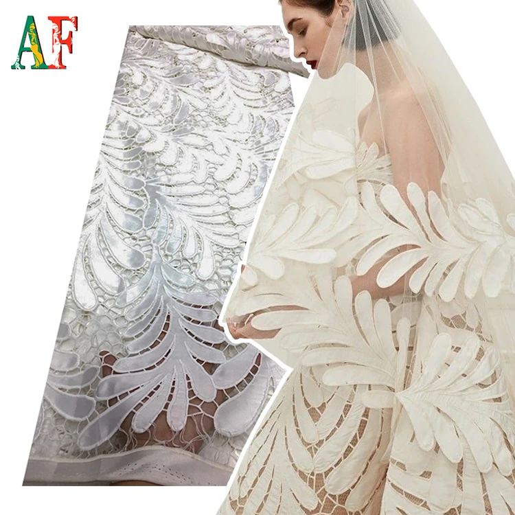 AF 2021 High Quality African Guipure Lace Fabric Cord Lace with Embroidered Foliage Patterns in Solid Color for Wedding Dress