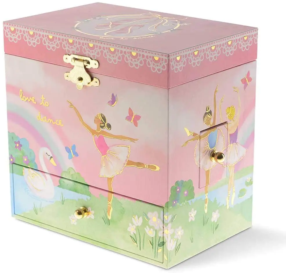 Ballerina Musical Jewelry Box with 3 Drawers, Rainbow Design, Swan Lake Tune