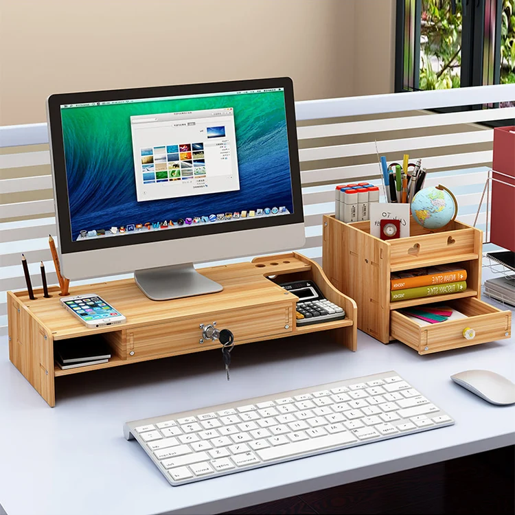 Wooden Monitor Stand Computer Riser with Storage Organizer Drawers,  4-Tier Storage compartment Pen Holder