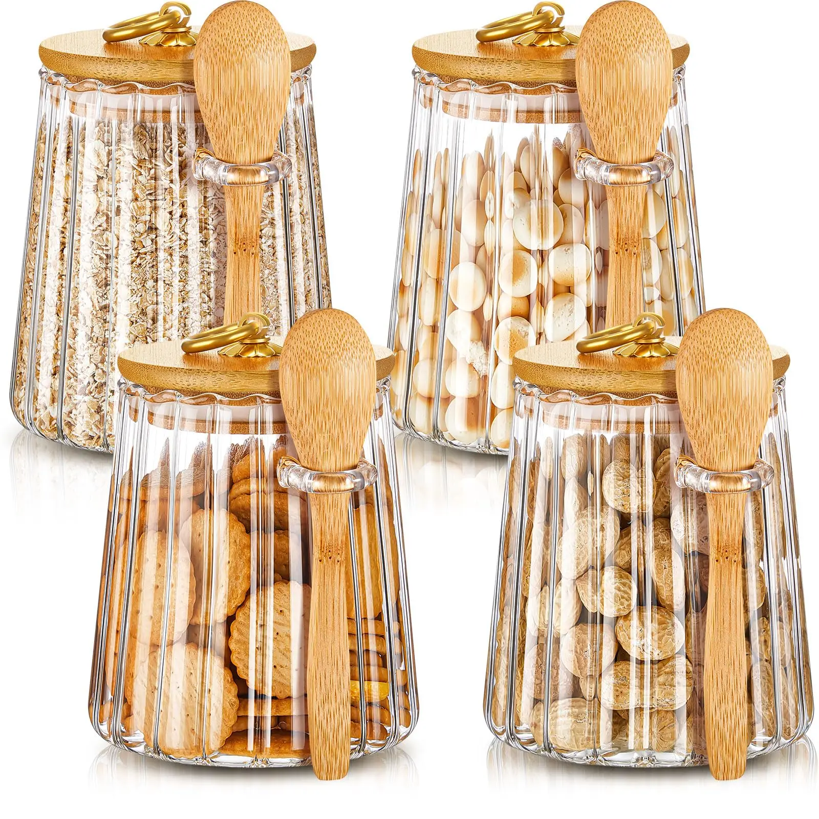 Glass Kitchen Canisters With Airtight Bamboo Lid Metal Handle Striped Glass Coffee Beans Nuts Storage Jar with spoon
