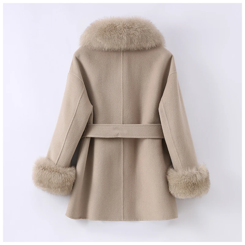 Women Winter Real Fox Fur Coat Jacket 2021 Female Lady Over Size Wool Blends Parka Trench Cape Z21182