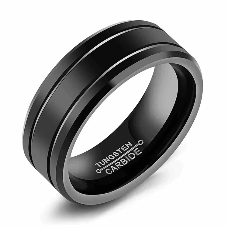 Y054 Hot Selling Minimalism Jewelry Black Center Grooved Beveled Edges Wedding PVD Stainless Steel Rings for Men
