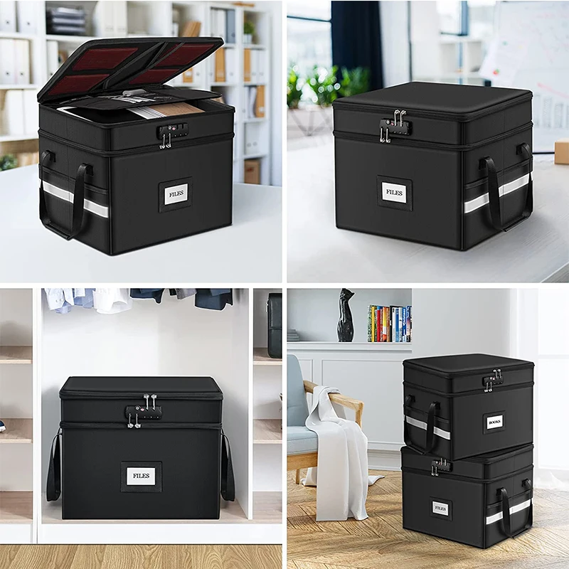 Portable Office Collapsible Reflective Strip 2 Layer File Box Organizer Document Fireproof File Storage Box With Lock