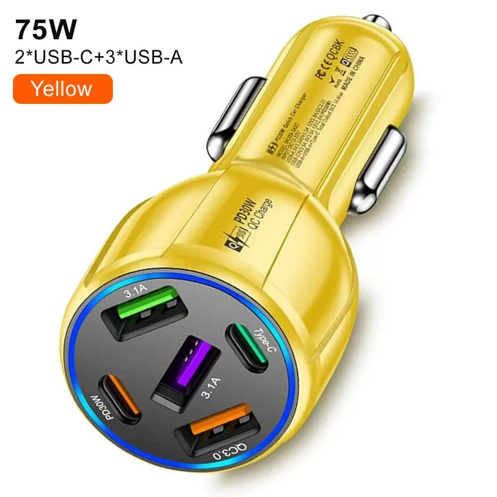 5-Port 75W USB C Car Charger PD30W & QC3.0 Fast Charging Cigarette Lighter USB Charger Adapter for iPhone/Android/Samsung/iPad