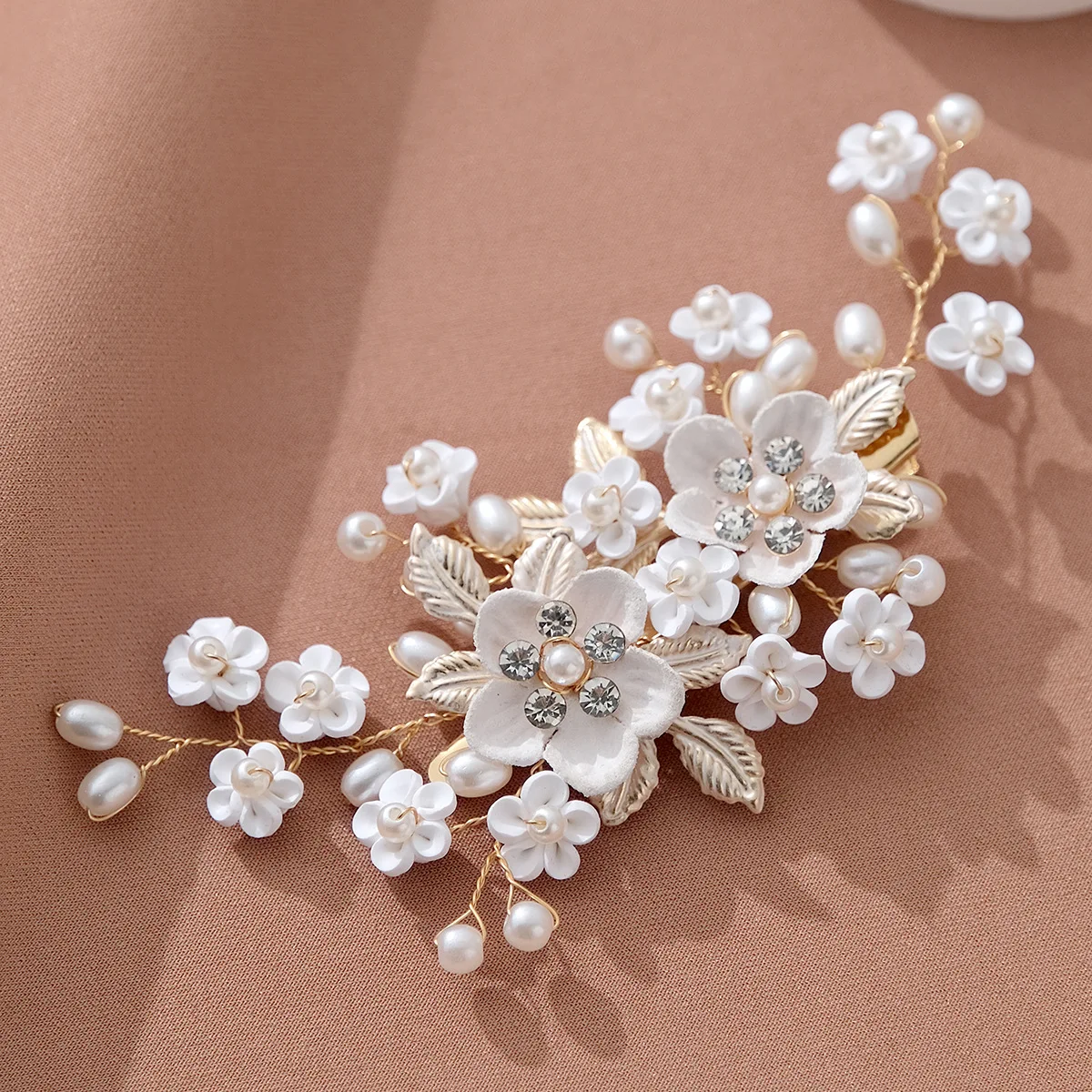 SLBRIDAL Alloy Flower Leaf Crystal Rhinestones Pearls Bridal Hair Comb Hair Pin Wedding Hair accessories Women Jewelry