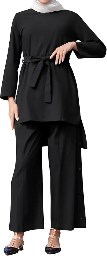 Elegant Outfit with Waist Belt Black, Fir Green, Copper Brown, and Dusty Blue Modest Tunic and Pants Set for Muslim Women