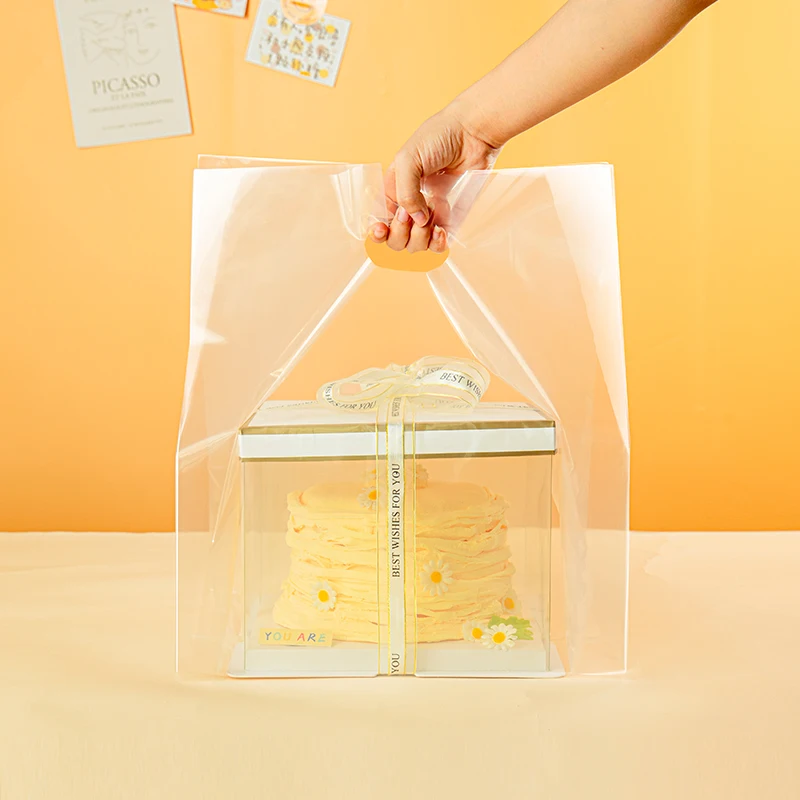 Highly Transparent Cake Bakery Packaging Plastic Bag Custom Biodegradable Food Take Out Handle Baking Shopping Bags