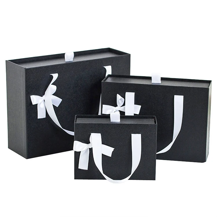 manufacture custom cardboard packaging black rigid with gift boxes with magnetic lid with ribbon gift boxes wholesale