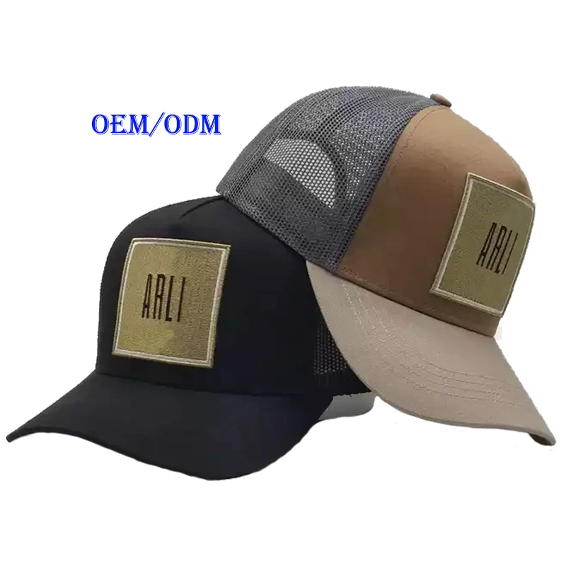 Wholesale Custom High Quality 5 Panel Black Cotton Twill Golden Embroidery Patch Logo Gorras Trucker Mesh Hat Cap