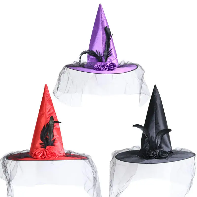 Halloween witch hat adult dance dress up feather rose witch hat cosplay Halloween products hat
