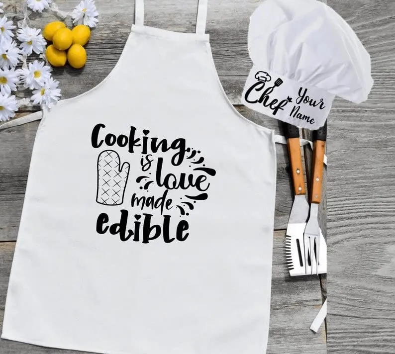 FREE SAMPLE Cooking Is Love Made Edible Commercial Apron With Matching Chef Hat Apron Only White Gift for wife and beloved chef