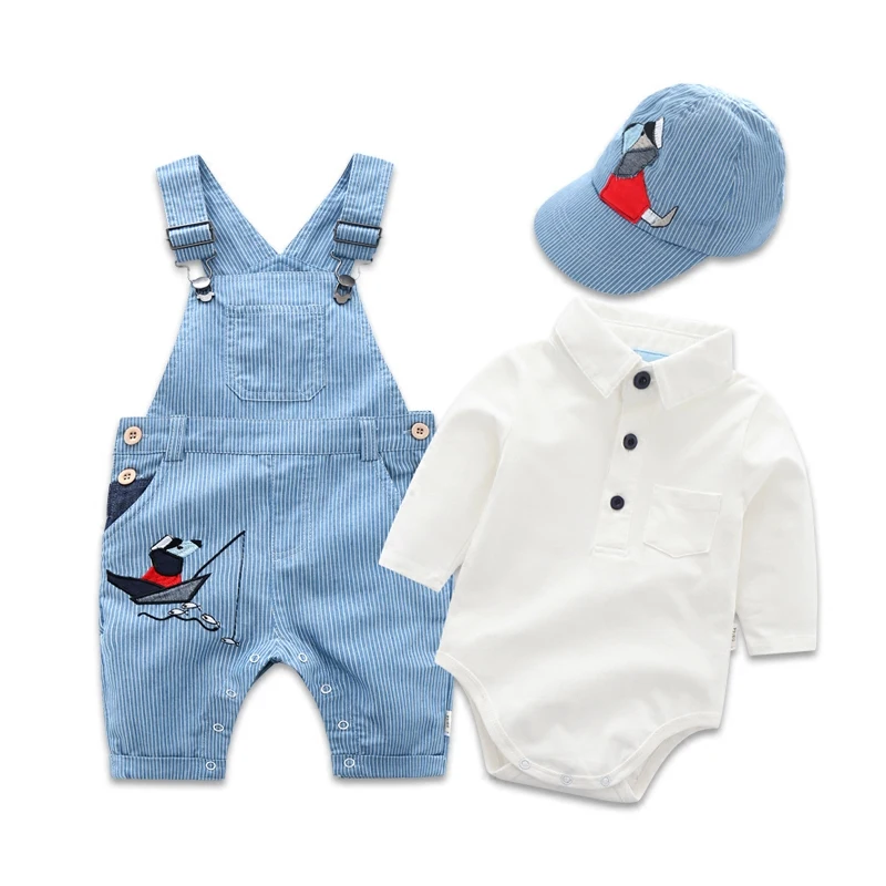 Custom Logo Baby Boy Romper Cotton Children Clothes Infant Baby Outfit Summer Wear Casual Blue Pinstripe Strap Pant And Hat
