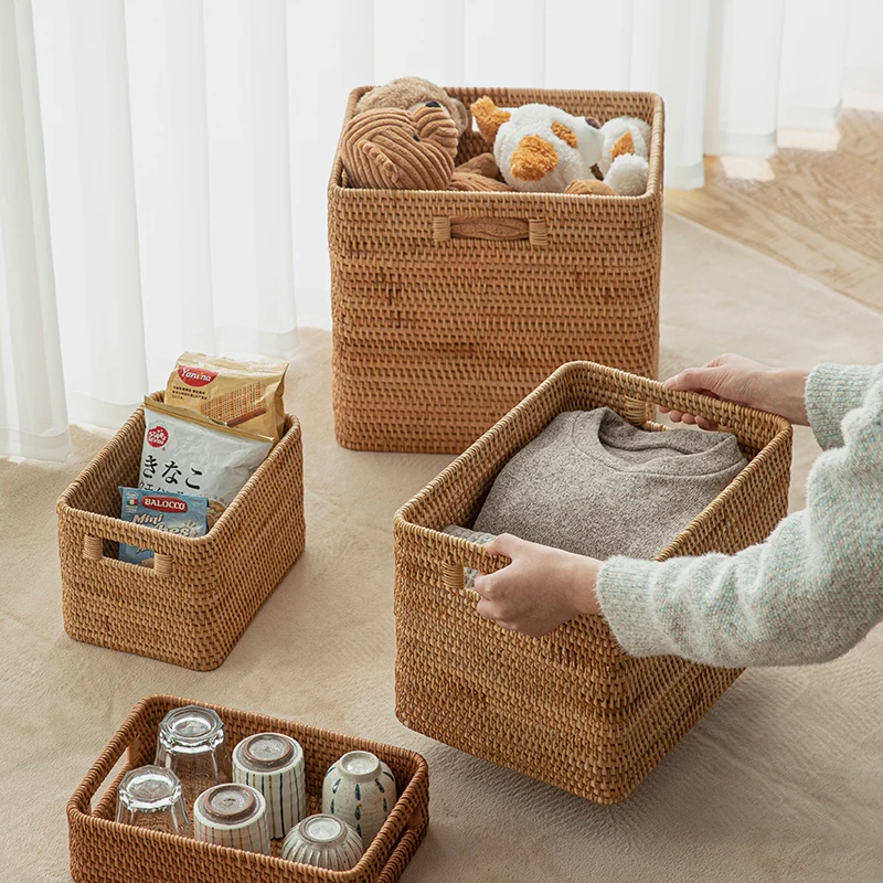 Home decoration storage basket bathroom rattan laundry basket handmade natural woven light rattan storage basket