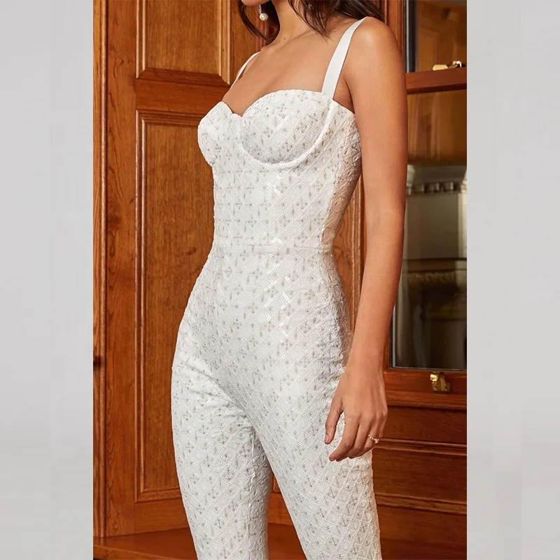 Fitted Jumpsuit with Flared Trousers Structured/corseted Style Metal Boning Underwire Bra Cup White Velvet Sequin