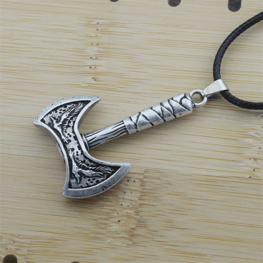 Vintage Scandinavian Odin Loki Amulet Jewelry Viking Raven Crow Axe Necklace