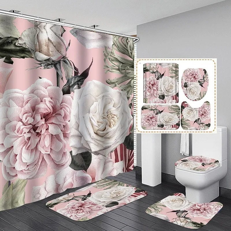 
4PCS Flower Shower Curtain Set with Carpet Bath Mat Modern Bathroom Curtains 