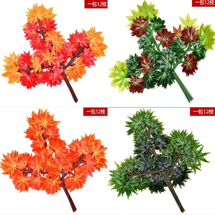 Wholesale silk artifical fall leaf plastic stem green white yellow red gold silver leave decor artificial maple leaves for wall
