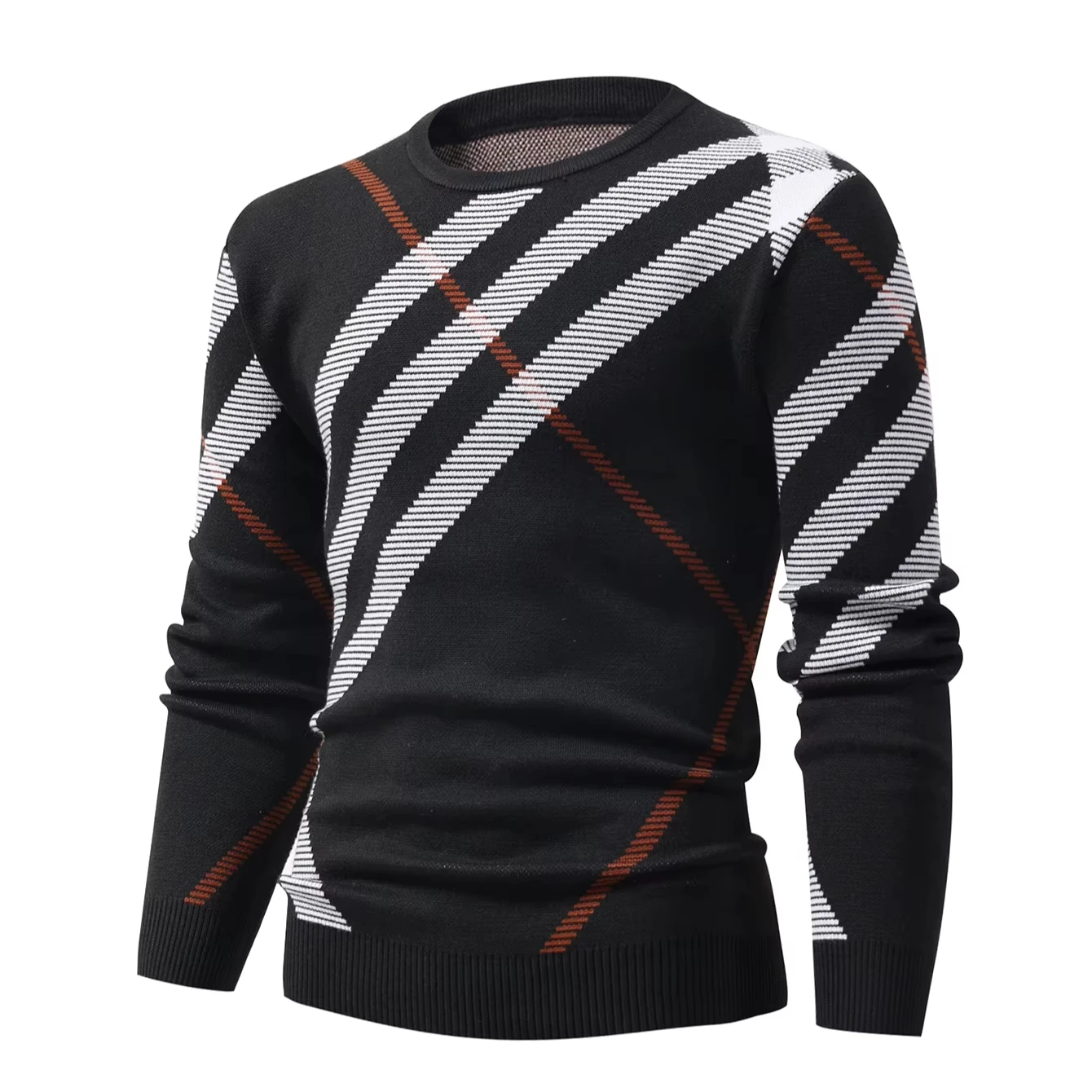 Fashionable Grid Plaid Cashmere Fleece Sweater for Men Round O-Neck Long Sleeve Loose Fit Knitted Pullover for Winter