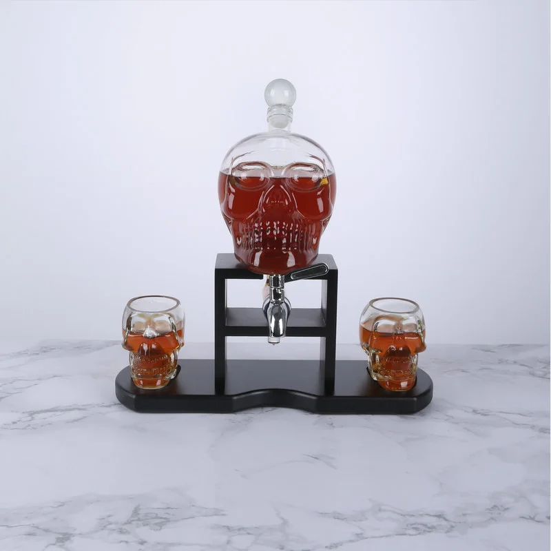 Skeleton Wine Whiskey Decanter Set 750 mL With 3oz Skeletons Shot Glasses and Mahogany Wooden Base