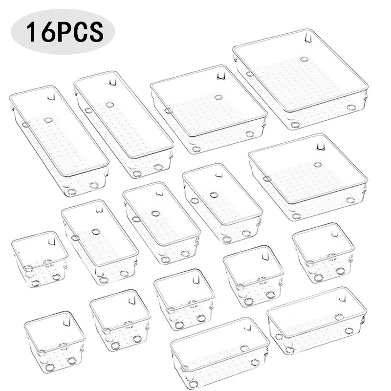 Plastic Drawer Organizer 16pcs Set Clear Drawer Organizer Trays 25pcs for Office Desk Bathroom Bedroom Kitchen Storage