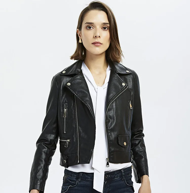
New Arrive Motorcycle Style Belt Faux Leather Jacket For Women 