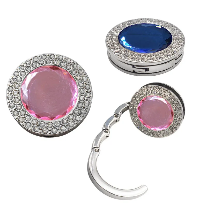 Creative Round Double Row Diamond Crystal Glass Bag Hook Custom logo Folding Metal Portable Table Hook Handbag Hanger