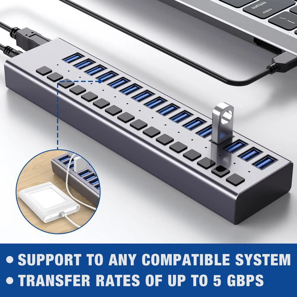 Hot Selling Multiport USB Ports External 90W Power Adapter USB 3.0 Hub 16 Port USB Hubs with Switches for laptop